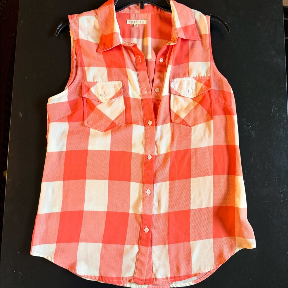 Copper Key Red and White Plaid Sleeveless Blouse